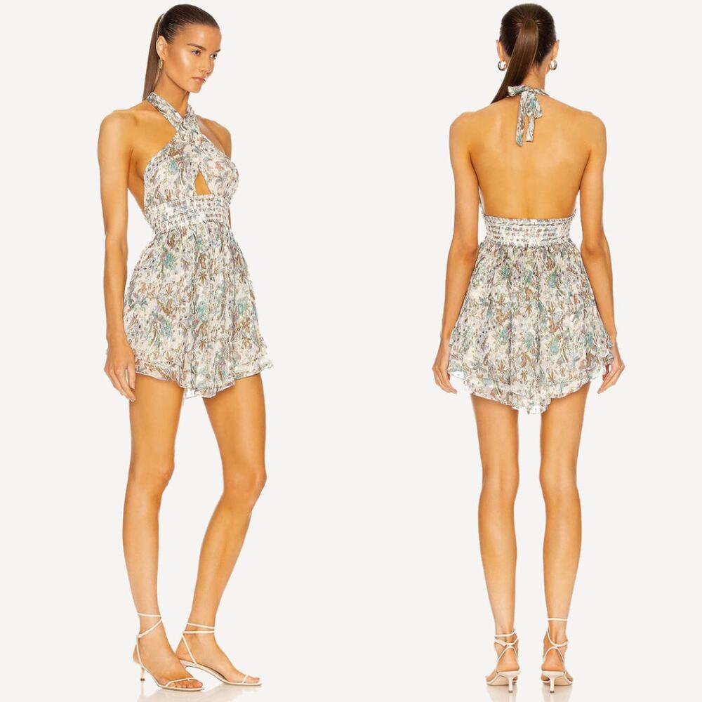 Rococo Sand | Braw Halter Smocked Mini Dress In Multi Paisley Floral Print S